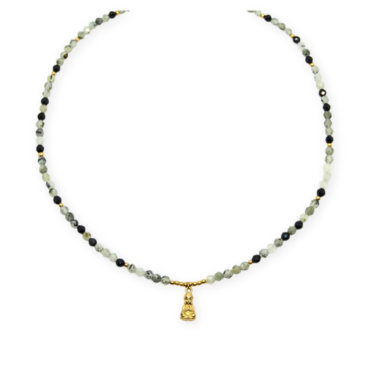 Buddha X Edelsteen Ketting – Prehniet & Obsidiaan