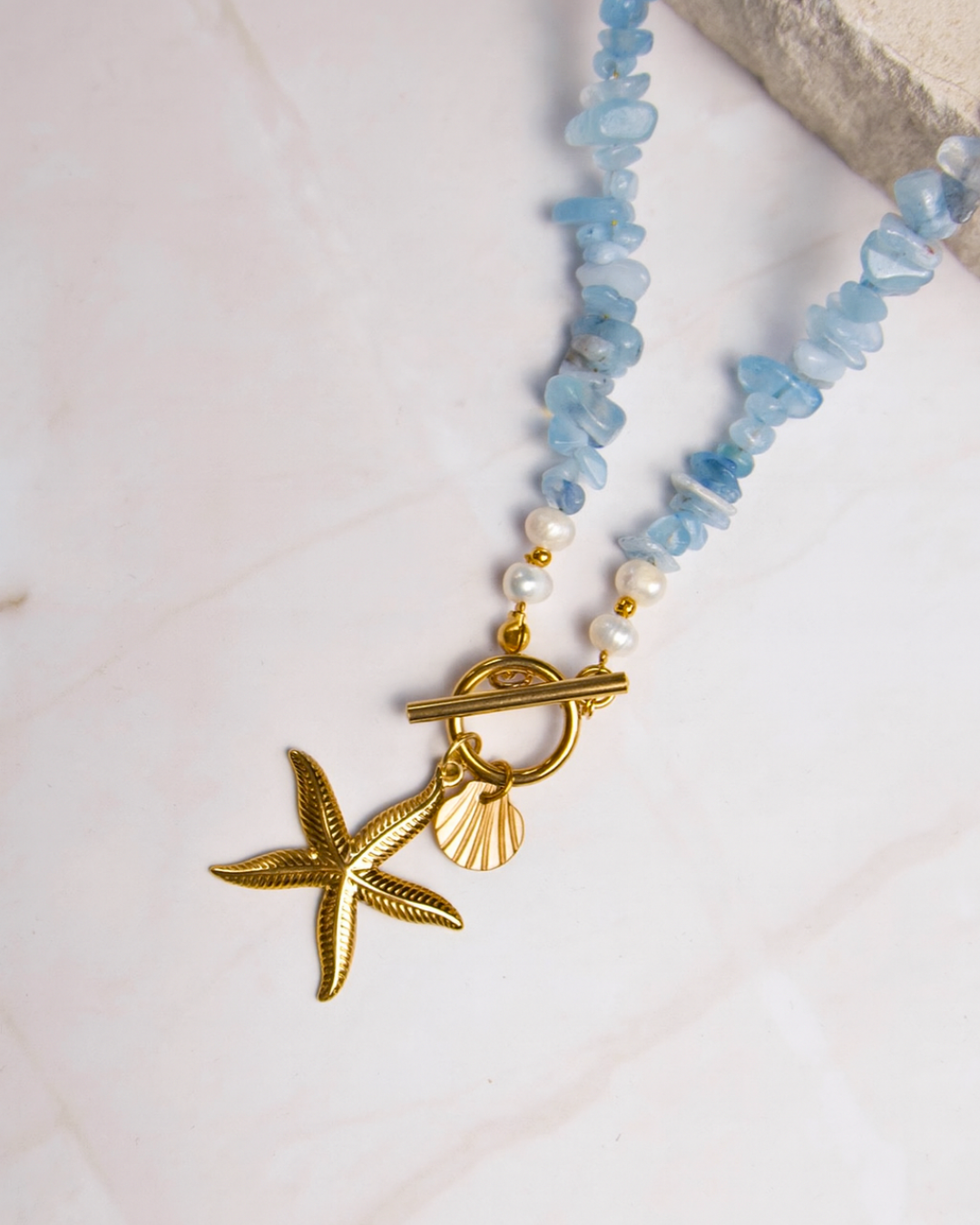 Aquamarijn ketting - Zeester & Parelmoer