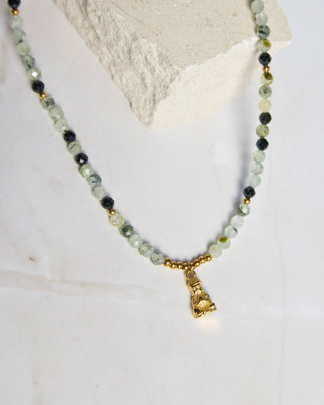 Buddha X Edelsteen Ketting – Prehniet & Obsidiaan